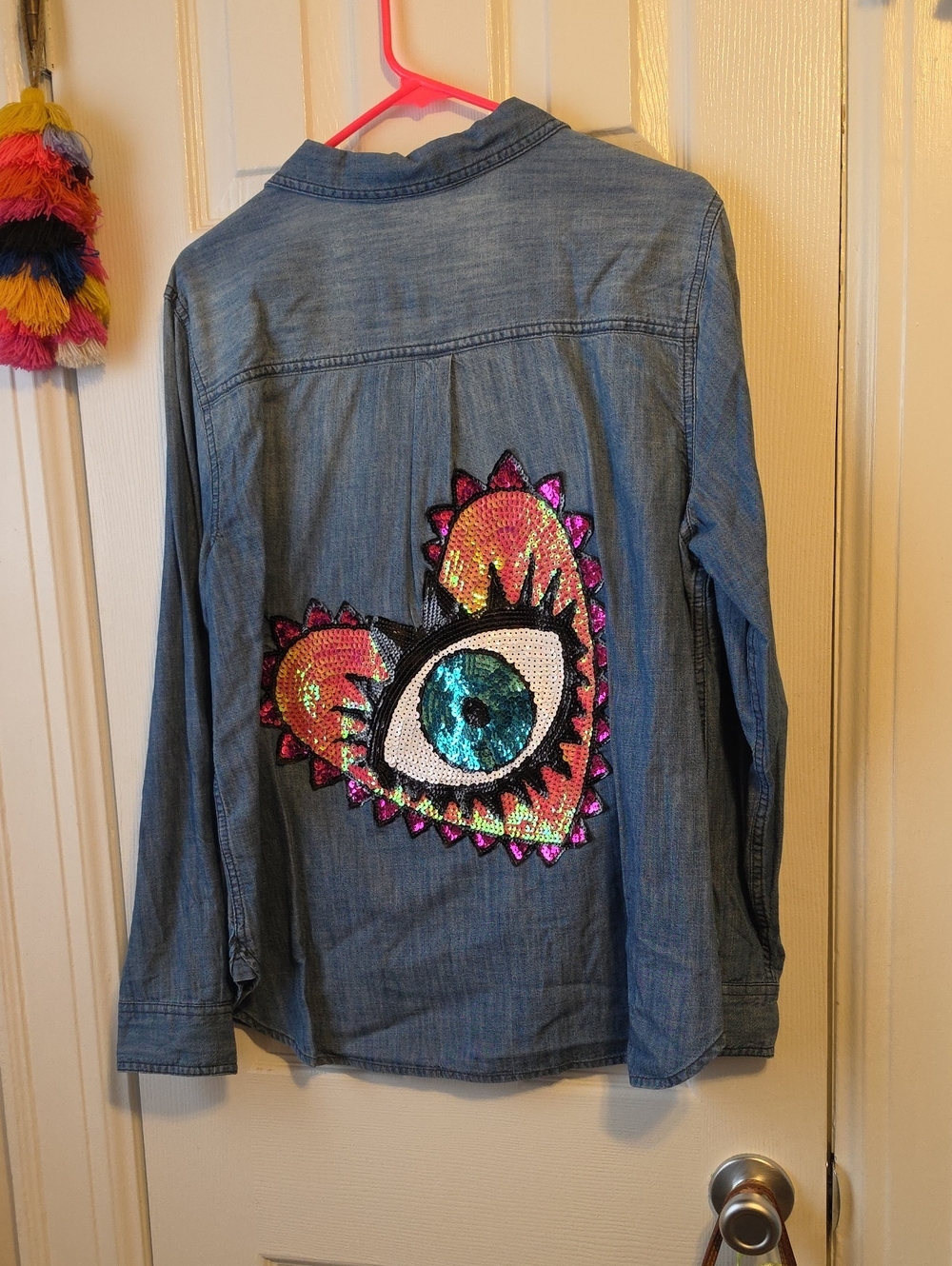 NWOT Custom Old Navy Denim Shirt with Sequin Eye Heart Patch